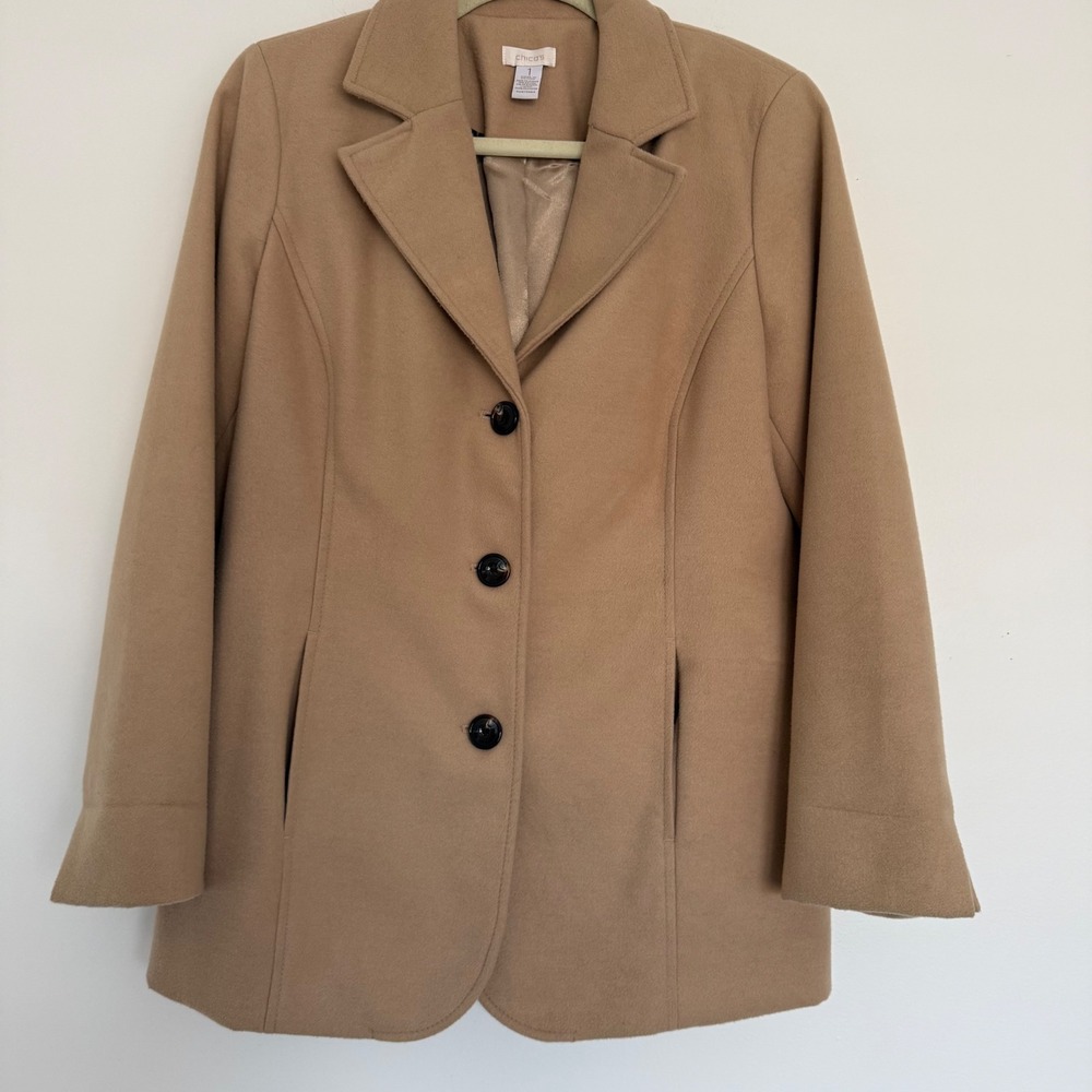 Chicos Camel Tan Blazer Jacket Coat Vanity Size 1 (8/10) Womens Preppy Fall